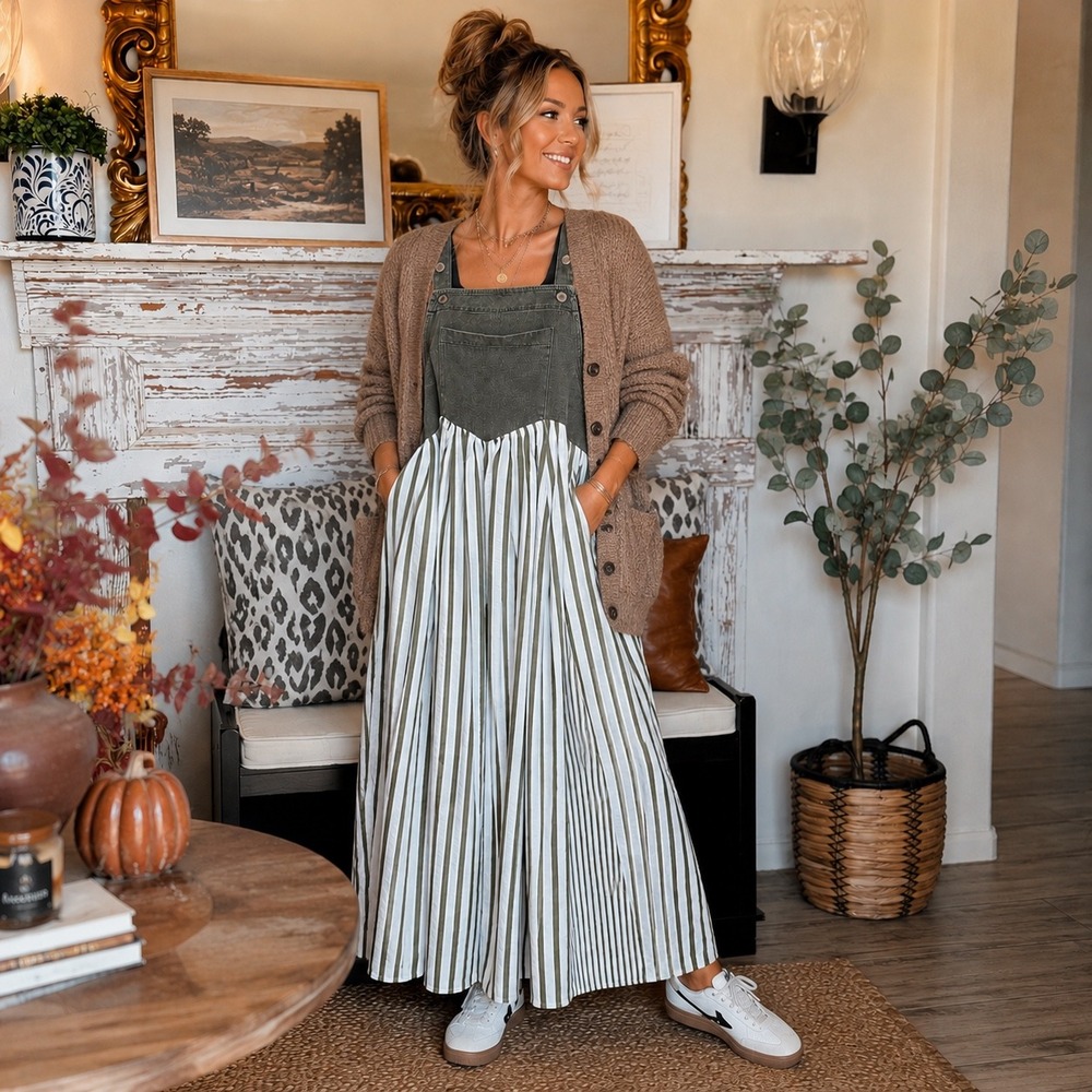 Oddi Los Angeles Olive Green Denim Striped Maxi Overall Dress Size Medium NEW